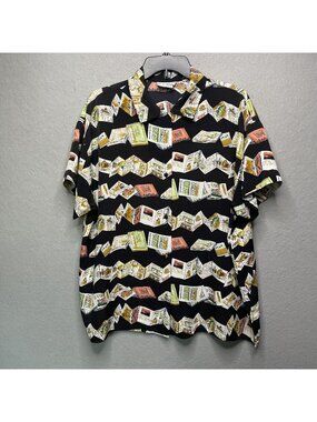 Le Caviar Blouse Button Up Short Sleeve Graphic Novelty Print Women XL